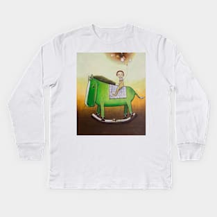 Child rides a green toy horse Kids Long Sleeve T-Shirt